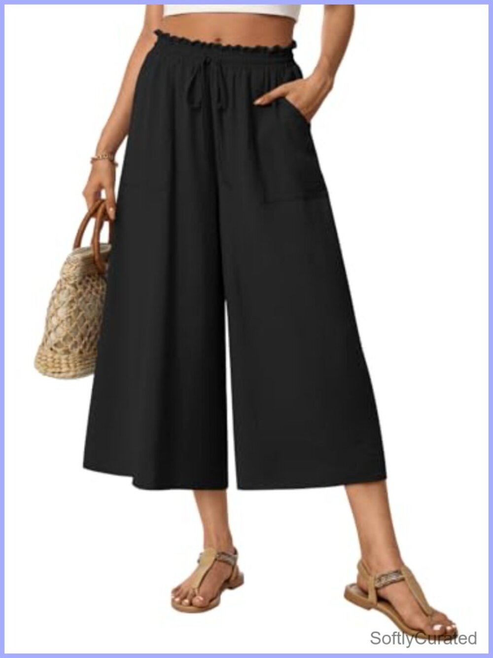 Womens Capri Pants Wide Leg Gaucho Palazzo Culottes High Waist Pockets